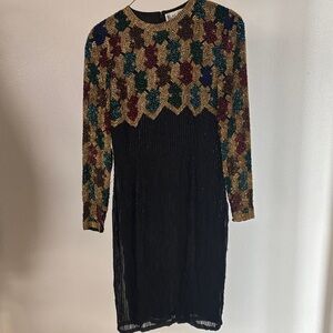 Oleg Cassini Black Tie Silk Sequin vintage Long Sleeve Dress